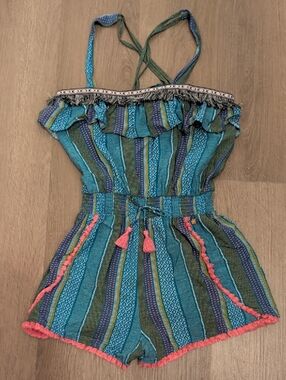 Matilda Jane Teal & Coral Striped Tassel Romper